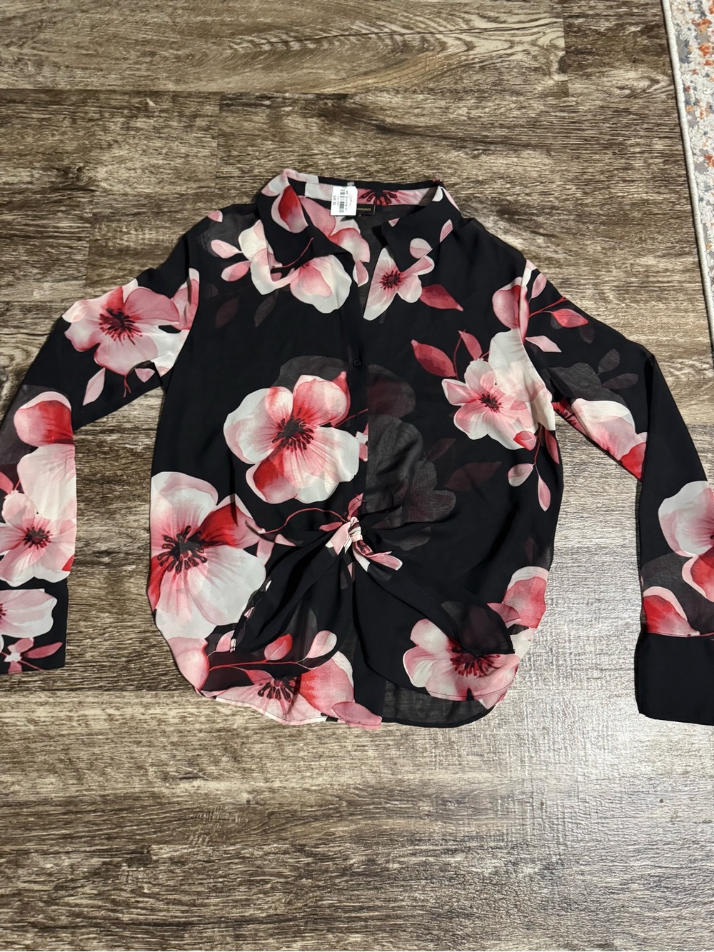 BOLD elements Black Floral Tie-Front Blouse with Pink & White Blooms
